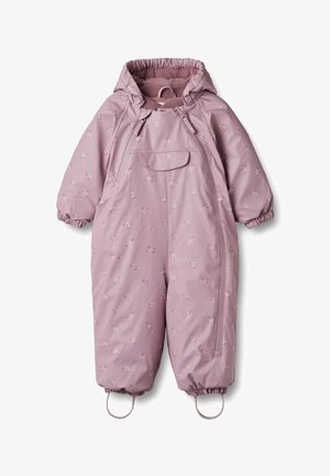 Lilla flyverdragt til små børn med hætte, lille blomsterprint, elastiske ærmegab, frontlomme med klap, sidelommer med lynlås og stropper ved benåbningerne.