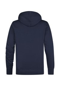 Marineblauwe hoodie met een kangoeroezak, verstelbare capuchon en ribgebreide boorden en onderrand. Gemaakt van zachte, gestructureerde stof, met een losse pasvorm.
