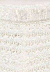 White knitted fabric featuring an openwork pattern with textured horizontal lines, highlighting the delicate and airy design.