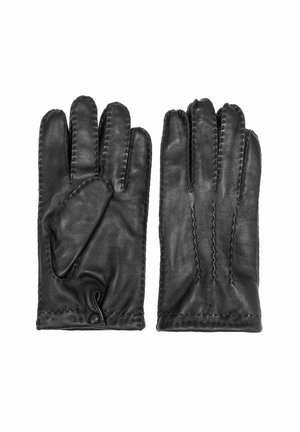 Czarne skórzane rękawiczki o gładkiej fakturze, z pięcioma palcami, dekoracyjnym przeszyciem i guzikiem w okolicy nadgarstka.