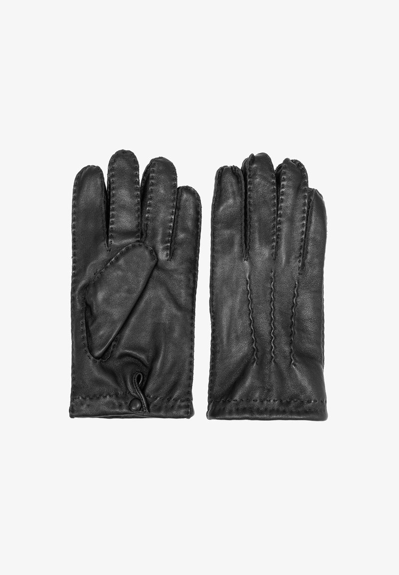Czarne skórzane rękawiczki o gładkiej fakturze, z pięcioma palcami, dekoracyjnym przeszyciem i guzikiem w okolicy nadgarstka.