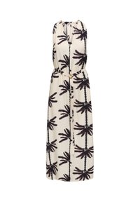 Robe longue sans manches avec col en V, base blanche et imprimé de palmiers noirs, dotée d'une ceinture en tissu avec une boucle ronde à la taille.
