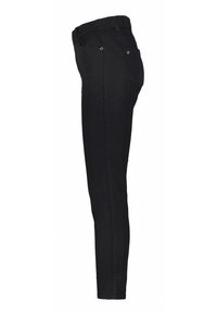 Zwarte stretch jeans met een slim fit, elastische tailleband, vijf zakken en metalen accenten. Soepele textuur met een strakke, moderne uitstraling.