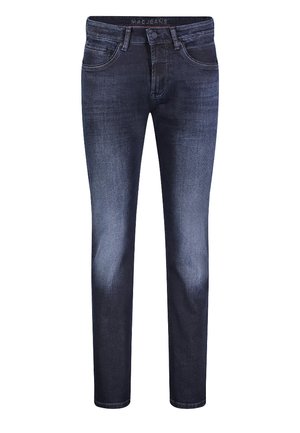 Donkerblauwe denim jeans met een slim fit, vijf zakken ontwerp en subtiele vervaging. Voorzien van een knoopsluiting en riemlussen.