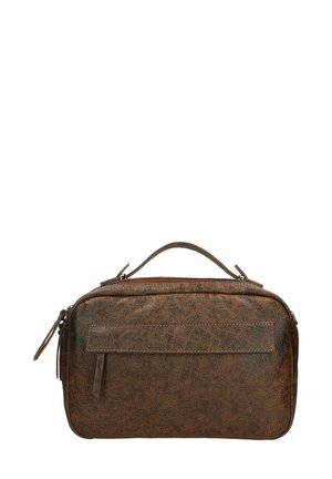 Borsa in finta pelle marrone con forma rettangolare, chiusura a zip, manico superiore e dettagli di cucitura visibili sulla superficie.
