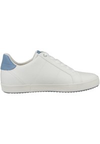 White sneaker with a smooth leather upper, light blue heel cap, lace closure, and textured rubber sole with grip patterns.