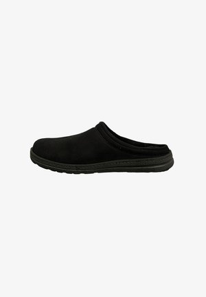 Zwarte suede instapper met een ronde neus en een lage hak. Beschikt over een flexibele, gestructureerde zool en een eenvoudig, naadloos ontwerp.