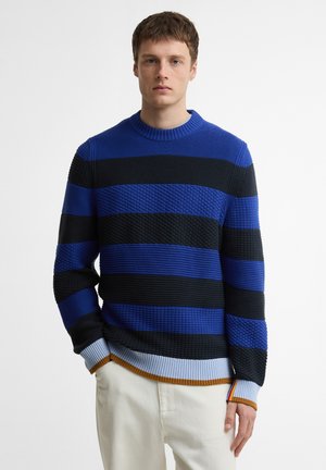 Jeune homme portant un pull en maille texturée avec de larges rayures horizontales bleues et noires, et un pantalon de couleur claire, debout devant un fond blanc.