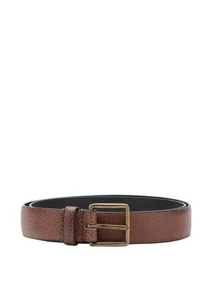 Brown leather belt with a textured finish, featuring a metal buckle in an antique brass tone; flat design with a standard width.