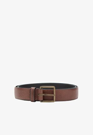 Brown leather belt with a textured finish, featuring a metal buckle in an antique brass tone; flat design with a standard width.