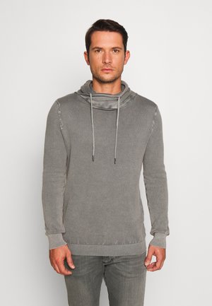 Grijze gebreide sweatshirt met een hoge hals en trekkoorden, voorzien van een structuurpatroon, aansluitende boorden en een relaxte pasvorm.