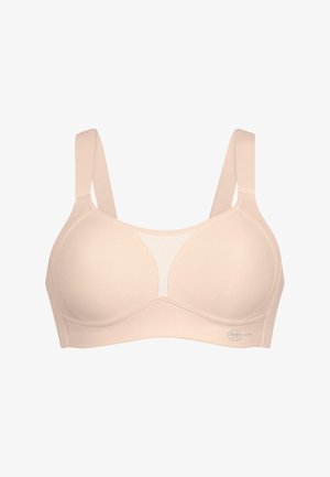 Beige beha met een gladde, rekbare stof, voorzien van brede banden en een gaas inzetstuk in het midden. Het heeft gevormde cups en een label aan de onderkant.