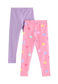 Δύο ζευγάρια κολάν: ένα σε μονόχρωμο λεβάντα και το άλλο ροζ με πολύχρωμα σχέδια καρδιών. Διαθέτουν ελαστική μέση.