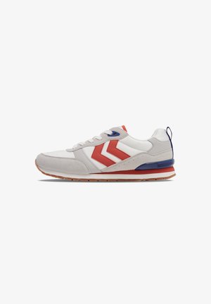 Gray sneaker with red chevron design, white panels, and blue accents. Features a cushioned sole and textured materials.