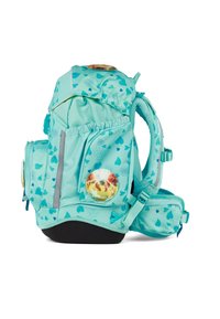 Turquoise rugzak met hartpatronen en een cirkelvormige grafiek. Bevat meerdere compartimenten en verstelbare banden voor gebruiksgemak.