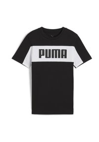 Černé a bílé tričko s krátkým rukávem s horizontálním designem, který zobrazuje výrazné logo "PUMA" přes hruď. Bavlněný materiál, kulatý výstřih.
