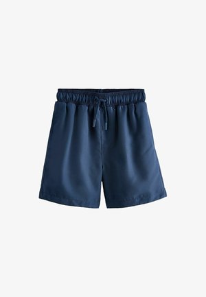 Marineblauwe zwemshorts met elastische tailleband en trekkoord, lengte tot halverwege de dij, effen design, vlakke voorkant.