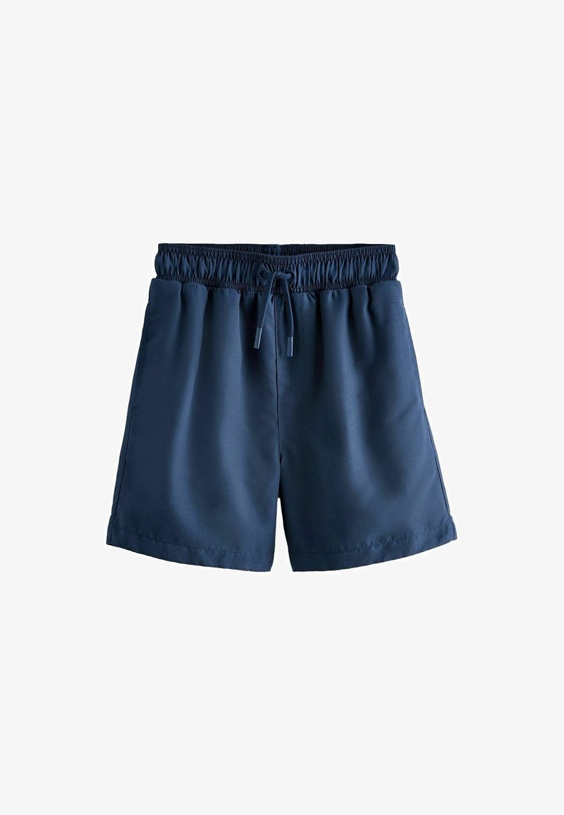 Short de bain bleu marine avec taille élastique et cordon, longueur mi-cuisse, design uni, devant plat.