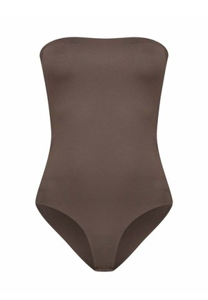 Costume intero marrone senza spalline con design liscio, senza cuciture e aperture delle gambe alte.