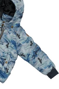Giacca imbottita con un motivo montano blu e turchese chiaro; presenta un cappuccio, chiusura con zip e motivi di aquile nere sul tessuto.