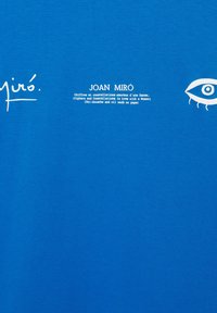 Blauer Stoff mit weißem Text, der den Namen des Künstlers Joan Miró, den Titel des Kunstwerks auf Französisch und Englisch sowie eine stilisierte Augengrafik rechts zeigt.