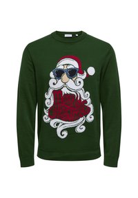 Grüner Pullover mit einem Design von Santa Claus, der Sonnenbrillen trägt. "Frohe Weihnachten" ist in roten Buchstaben mit weißen Akzenten deutlich sichtbar.
