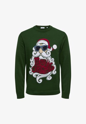 Zielony sweter z motywem Świętego Mikołaja w okularach przeciwsłonecznych. "Wesołych Świąt" jest wyraźnie wyeksponowane w czerwonym kolorze z białymi akcentami.