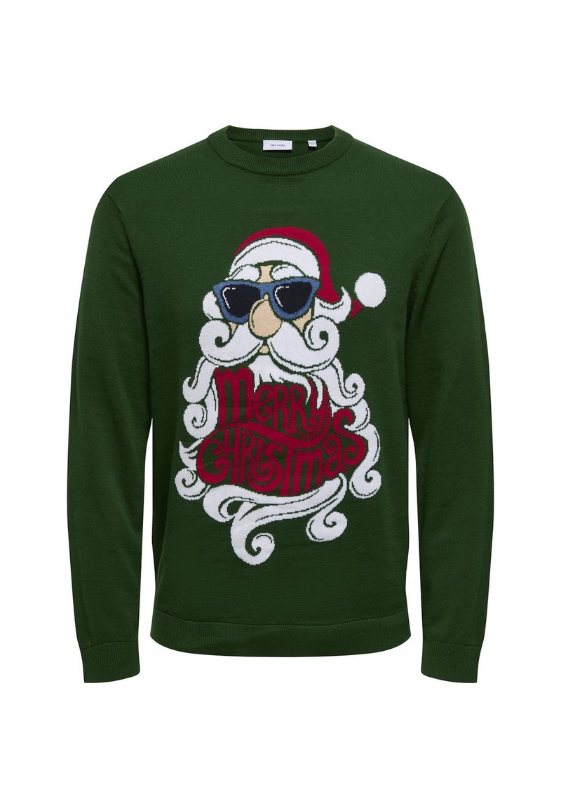 Grüner Pullover mit einem Design von Santa Claus, der Sonnenbrillen trägt. "Frohe Weihnachten" ist in roten Buchstaben mit weißen Akzenten deutlich sichtbar.