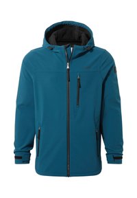 Teal softshell jacket with a hood, zippered front, and three pockets. Features black accents on the zippers and cuffs. Smooth texture.