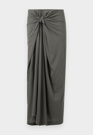 Dark gray long skirt with front knot and draped pleats, made of soft, lightweight fabric.