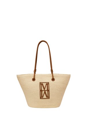 Sac cabas beige tissé avec poignées en cuir marron et un écusson logo géométrique marron assorti centré sur le devant.