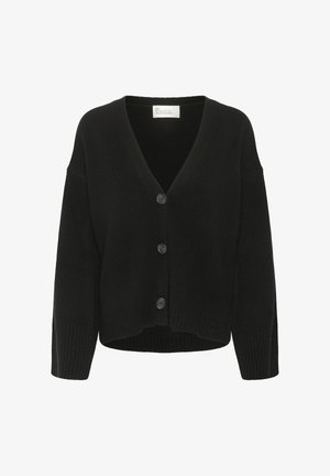 Schwarze Strickjacke mit V-Ausschnitt, Knopfverschluss vorne und gerippten Bündchen. Weiche Textur und lockere Passform.