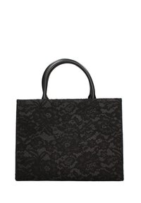 Sac à main rectangulaire noir avec un revêtement en dentelle florale et des anses doubles arrondies sur un fond blanc.