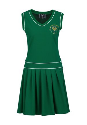 Robe de tennis verte sans manches avec col en V, bordure blanche, jupe plissée et logo de raquette de tennis brodé sur la poitrine.