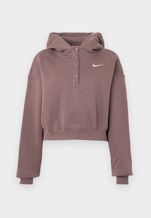 Lilla crop hoodie med lange ermer, knappet stolpe, ribbestrikkede mansjetter og kant, og hvit Nike swoosh-logo på brystet.