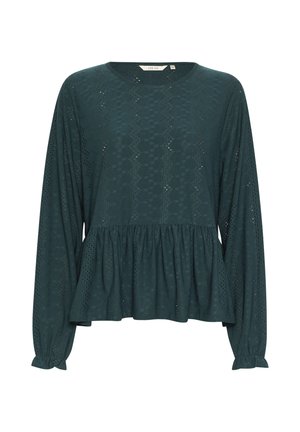 Tyrkysový dlouhý rukáv s kulatým výstřihem, zdobený krajkovými výřezovými vzory, s nařaseným peplum pasem a elastickými manžetami.