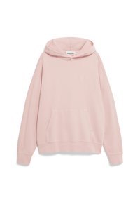 Felpa rosa realizzata in tessuto morbido, dotata di tasca a marsupio, cappuccio con coulisse e un discreto logo ricamato sul petto.
