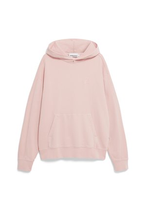 Hoodie rose en tissu doux, avec une poche kangourou, une capuche avec cordon de serrage et un logo brodé discret sur la poitrine.