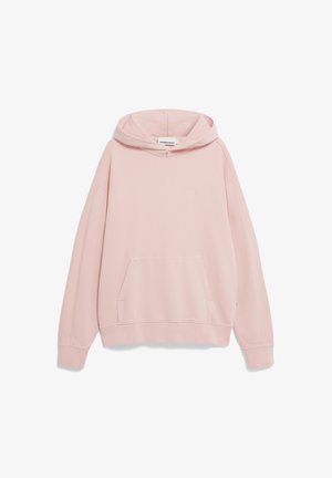 Roze hoodie van zacht materiaal, met een kangoeroezak, een capuchon met trekkoord en een subtiel geborduurd logo op de borst.