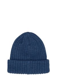 Gorro de punto en azul oscuro con textura acanalada y diseño de puño doblado. Presenta una parte superior sin costuras y una tela suave para mantener el calor.