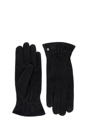 Ein Paar schwarze Wildlederhandschuhe mit einem kleinen Metallknopf-Detail am Handgelenk, ausgestattet mit einem gerafften elastischen Abschnitt für eine optimale Passform.