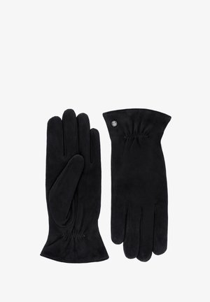 Pair of black suede gloves with a small metal button detail on the wrist, featuring a gathered elastic section for fit.