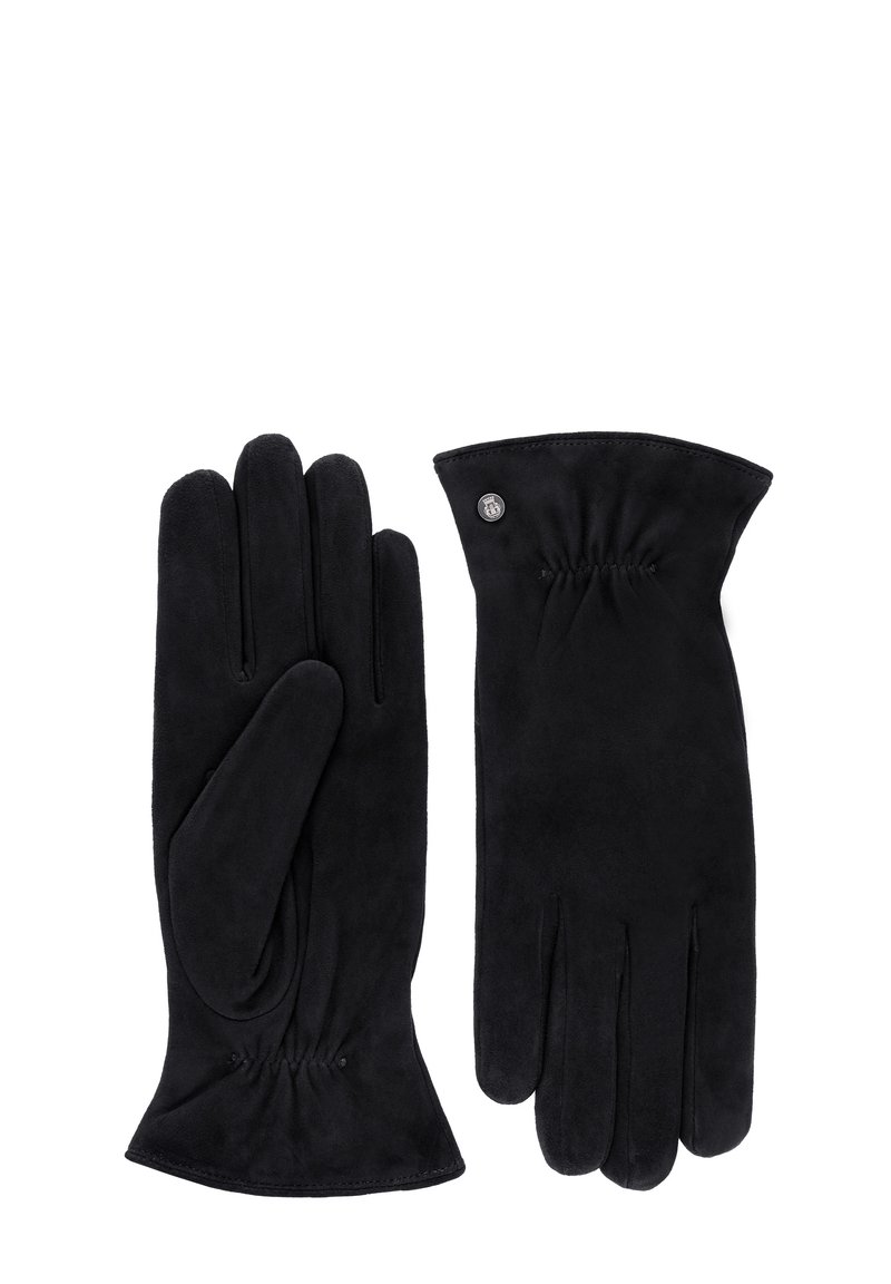Pair of black suede gloves with a small metal button detail on the wrist, featuring a gathered elastic section for fit.