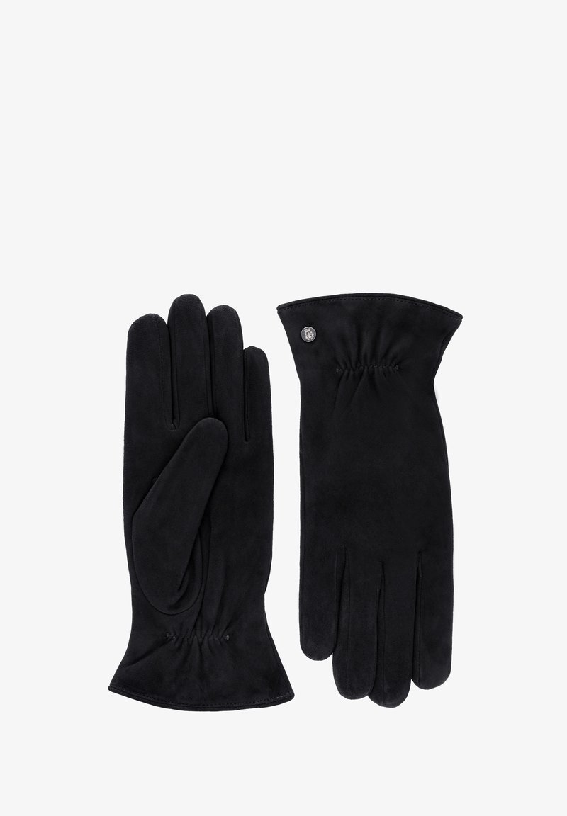 Pair of black suede gloves with a small metal button detail on the wrist, featuring a gathered elastic section for fit.