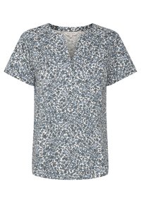 Kurzärmlige Bluse mit V-Ausschnitt, aus leichtem Stoff mit einem blau-grauen Blumenmuster auf weißem Hintergrund.