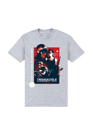 Grå bomulds T-shirt med grafisk tryk af "Terminator 2: Judgment Day" med røde og sorte accenter, der viser tre karakterer og våben.