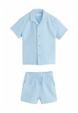 Light blue textured short-sleeve button-up shirt and matching elastic waist shorts with drawstring, laid flat on white background.