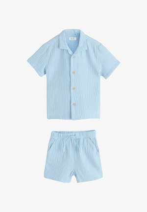 Light blue textured short-sleeve button-up shirt and matching elastic waist shorts with drawstring, laid flat on white background.