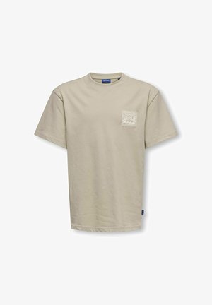 T-shirt beige à manches courtes avec col rond, avec un petit logo blanc sur le thème du surf sur la poitrine gauche et une étiquette bleue sur la couture latérale.