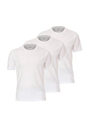 Tre ensfarvede hvide bomulds t-shirts, kortærmede, rund hals, med subtile syninger omkring udskæringen og ærmerne.